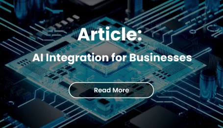 Article titled 'AI Integration for Businesses' overlaying a computer chip